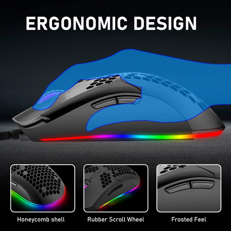 Lightweight Gaming Mouse,26 Kinds RGB Backlit Mice,PixArt 3325 12000 DPI Mouse,Ultralight Honeycomb Shell Ultraweave Cable Mouse and Anti-Key Can Be Set for PC Gamers and Xbox and PS4 Users(Black) Black RGB