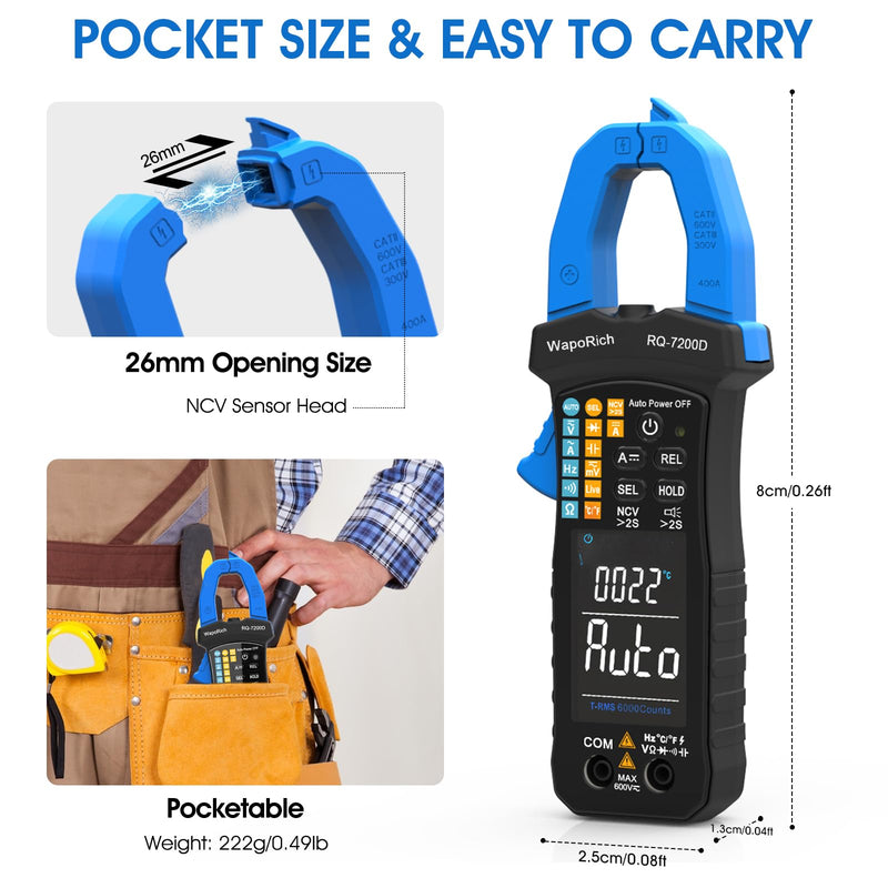 Digital Clamp Meter TRMS 6000 Counts Multimeter, WapoRich Ammeter Voltmeter Tester with Auto Range NCV Measures AC DC Voltage Current Resistance Continuity Capacitance Diodes Temp Frequency RQ-7200D
