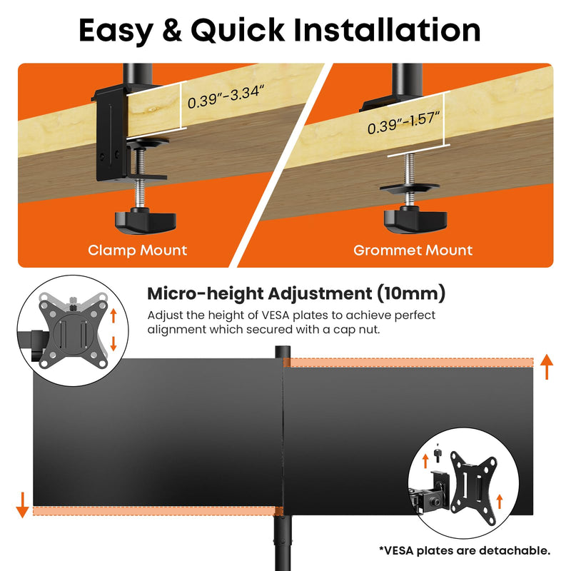 PUTORSEN Quad Monitor Desk Mount, 4 Screens, 17-32", 19.8 lbs Each | Fully Adjustable Stacked Mount with Heavy-Duty Arms, Tilt & Swivel, VESA 75/100, C-Clamp & Grommet Base, Black