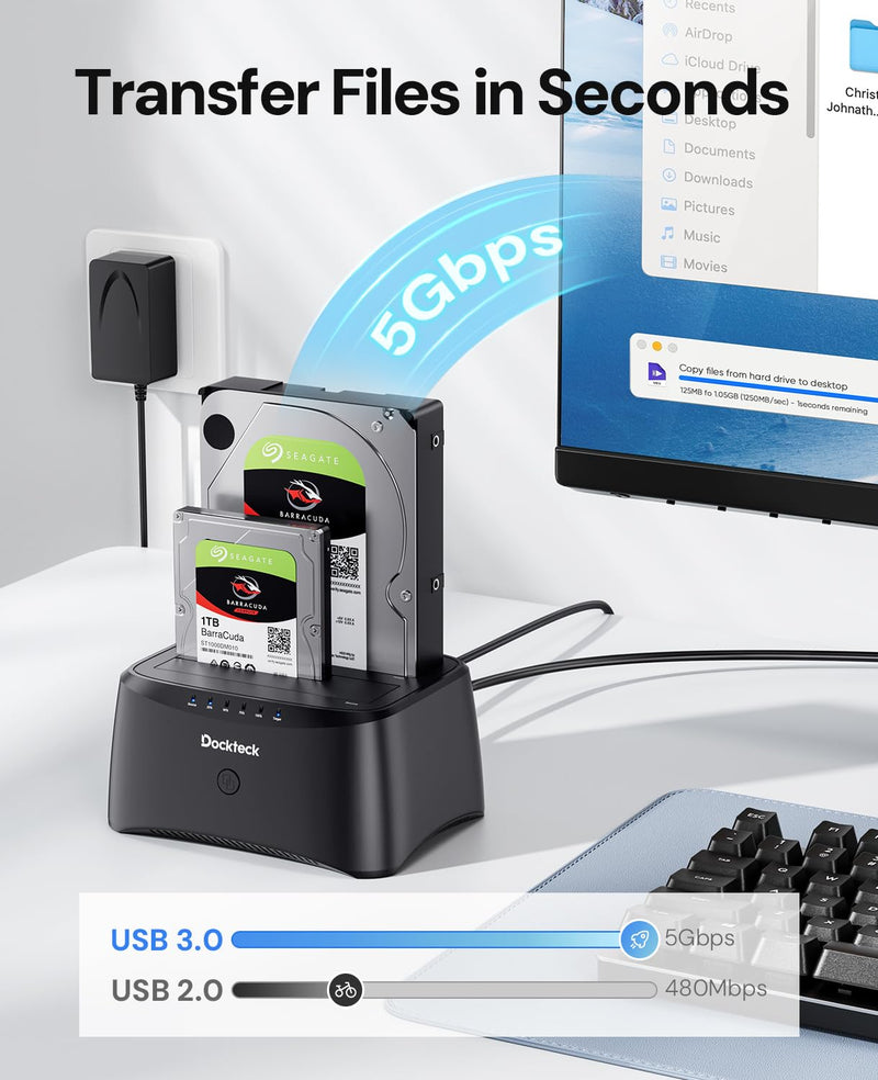 Hard Drive Docking Station, dockteck USB 3.0 to SATA Dual Bay External Hard Drive Enclosure for 3.5 or 2.5 inch SATA HDD SSD with Offline Clone 2 Bay Black