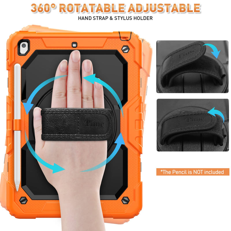 Timecity Case for iPad 9th/ 8th/ 7th Generation 10.2 inch (Case for iPad 9/8/ 7 Gen): with Strong Protection, Screen Protector, Hand/Shoulder Strap, Rotating Stand, Pencil Holder - Orange Black+Orange