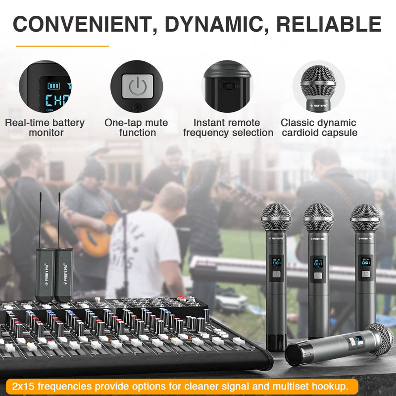 Phenyx Pro Dual Digital Wireless Microphone System, w/2 Handheld Dynamic Microphones,15 UHF Frequency Groups, Mini Receiver, Metal Cordless Mic for Karaoke,Church,DJ,Singing (PDP-2-2H) PDP-2