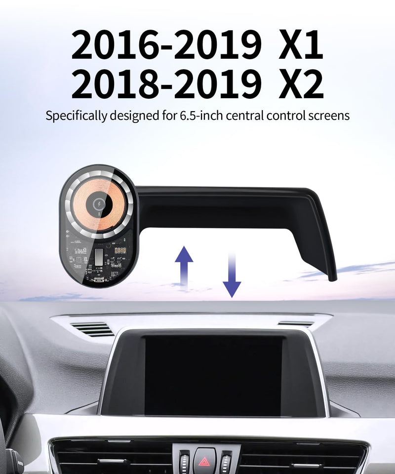 15W Wireless Charger Car Phone Holder for BMW X1 2016-2019, X2 2018-2019 | 6.5" Screen Magsafe Accessories Fast Charging Magnetic Cell Phone Holder Clip Compatible with iPhone Android, 3D Fit Bracket