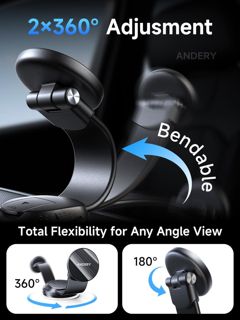 ANDERY Only for iPhone Magsafe Car Mount [360° Adjustable Memory Alloy Arm] | 2400gf Strong Magnetic Power, Bendable Phone Holders for Your Car, Car Phone Holder with Dashboard Pad, for iPhone 17-12