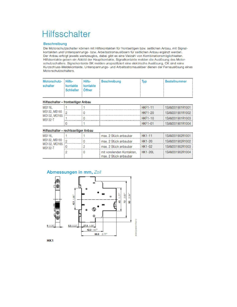 ABB HKF1-11 MS116/132 FRONT Mount AUX,1NO/1NC