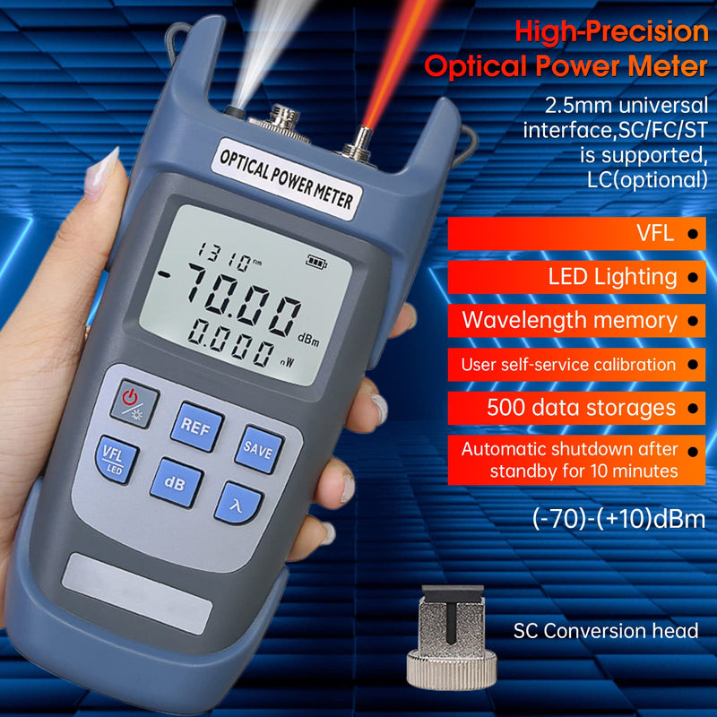 Fiber Optical Power Meter with 10Km Light Source SC FC Connector, -70~10dBm, 10 Optic Wave Length, Optic Test Equipment for CCTV Communication Engineering