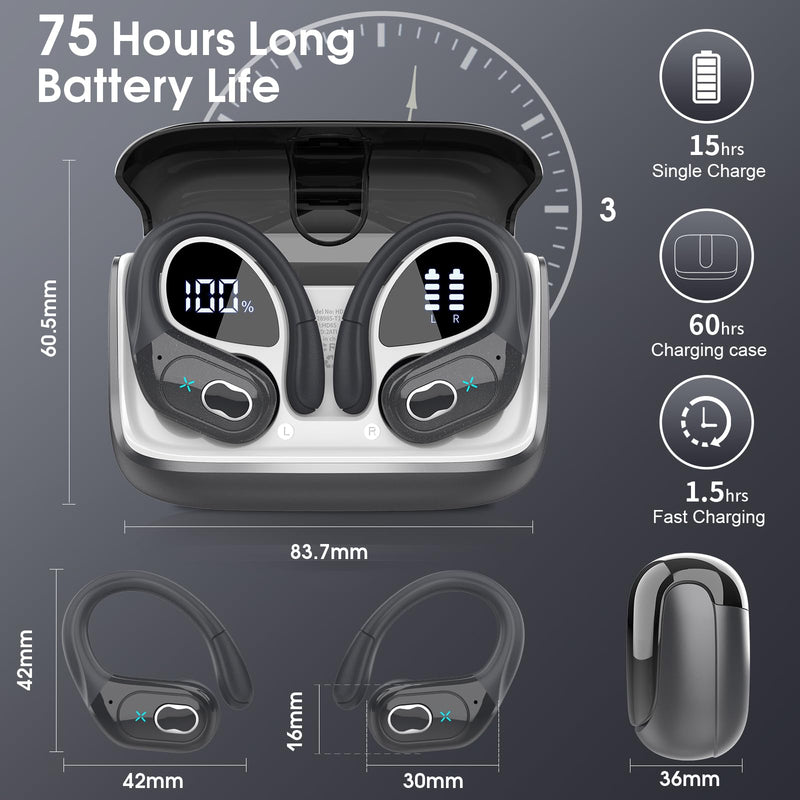 Aptkdoe Wireless Earbuds 75H Bluetooth 5.4 Sport Headphones with Earhooks | IPX7 Waterproof In-ear Buds Feature ENC Noise Cancelling Mic. Stereo Sound Device for Gym Running Workout, Iron Gray