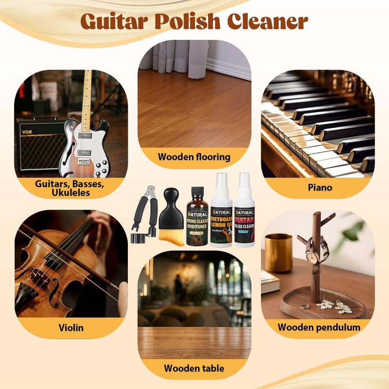 [AUSTRALIA] - 6Pcs Guitar Cleaning Kit - Includes Guitar Polish, Fretboard Oil, String Cleaner, String Winder, Brush, Cleaning Cloth, Guitar Maintenance Kit, for Violin, Piano, Bass, Guitar Players 6 