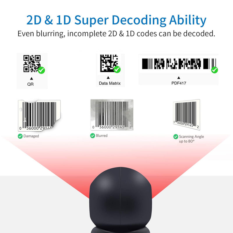 2D QR Barcode Scanner,Symcode Omnidirectional Hands-Free Automatic Barcode Reader for Mobile Payment Computer Screen ScanMeters Hands-Free Scanner Black
