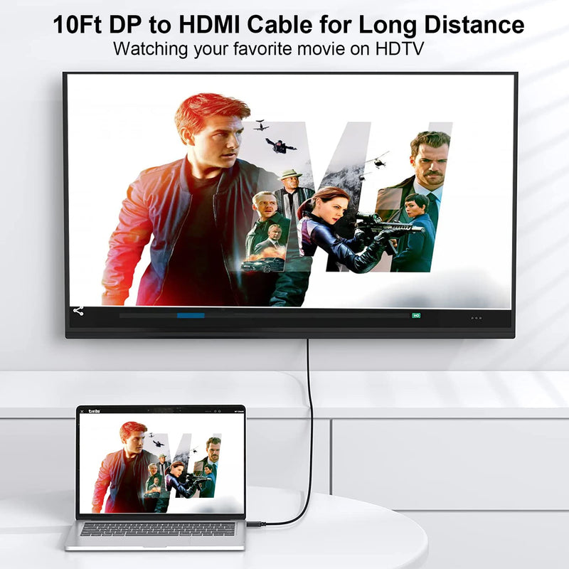 4K DisplayPort to HDMI Cable 10FT 5-Pack, DP to HDMI Display HDTV Cord | Unidirectional 4K (3840 * 2160) Durable & Flexible for TV, Computer, Monitor, Projector and More-Cotton Braided 10 Feet Black
