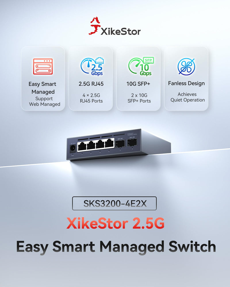 6-Port 2.5G Web Managed Ethernet Switch, VLAN/QoS/STP/IGMP/LACP Supported, Fanless Easy Smart 2.5Gb Network Switch, Aluminum Housing, Desktop/Wall-Mount Web管理 | 4×2.5G RJ45+2×10G SFP+
