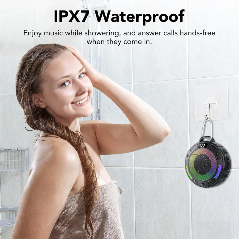 [AUSTRALIA] - Bluetooth Speaker, 2025 Portable Wireless Shower Speaker, Digital Display Portable Speaker with Detachable hook ,IPX7 Waterproof with LED Light, HD Sound & Bass for Bathroom, Pool, Beach & Outdoor 