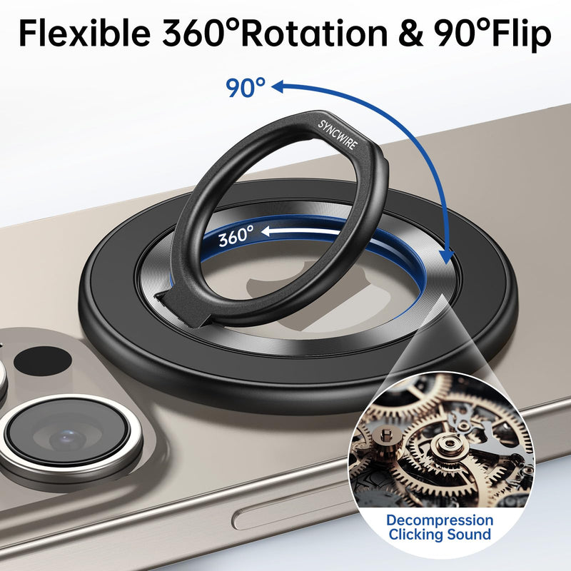 SYNCWIRE Upgraded Magnetic Phone Ring Holder for MagSafe, Magnetic Cell Phone Grip Stand Finger Ring Kickstand with Two-Sided Magnetic Compatible iPhone 15 Pro Max 14 13 12,Android,MagSafe Accessories Black