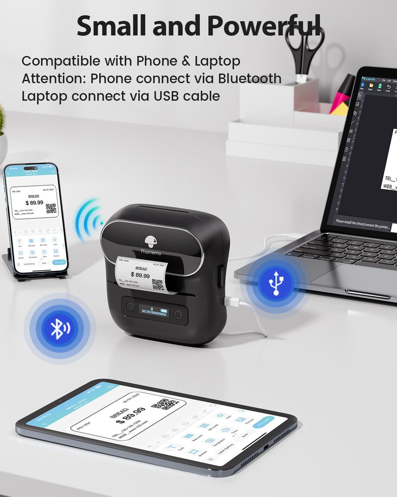 [AUSTRALIA] - Phomemo M220 Label Maker,Thermal Label Printer,Upgrade Bluetooth Label Sticker Maker Machine, Multiple Template Font for Home,Office,Business,Organization,Inkless Printer Compatible with Phone &Laptop Black 1 Printer + 1 Roll Labels 