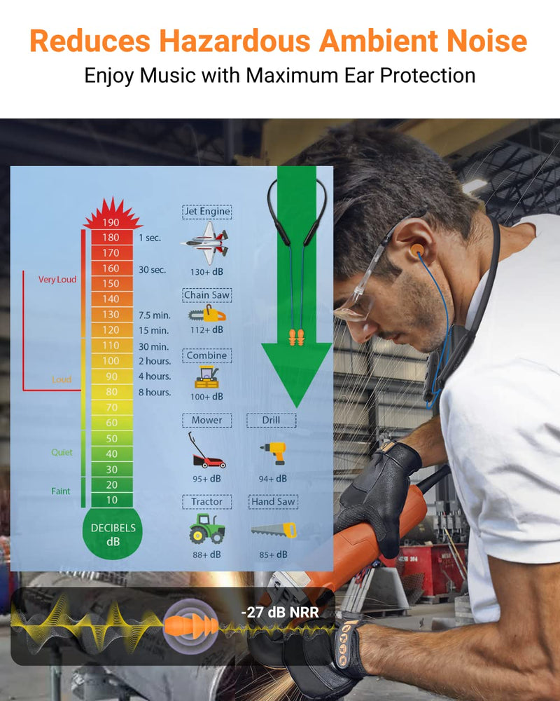 Bluetooth Work Headphones, OSHA-Compliant, 27dB NRR, 24H Playtime | Noise-Reduction Safety Earbuds | Bluetooth 5.4, 100 ft | aptX HD | Soft 3-Flange Silicone Ear Tips | Blue-Orange Blue with Orange