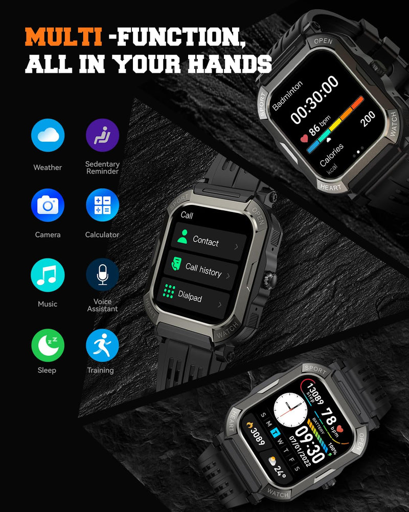 Smart Watch for Men Fitness Tracker: Military Digital Mens Watches Bluetooth Make Answer Call Running Waterproof Smartwatch Android Phones iPhone Samsung Compatible Sleep Monitor Step Pedometer Black 1.91