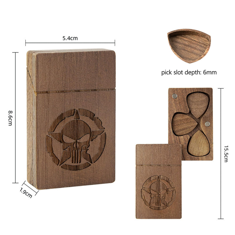 Rockhouse Wooden Guitar Pick Case Holder Storage Box Organizer with 3 Bonus Walnut Bass Picks for Guitar Players (Skull) Skull