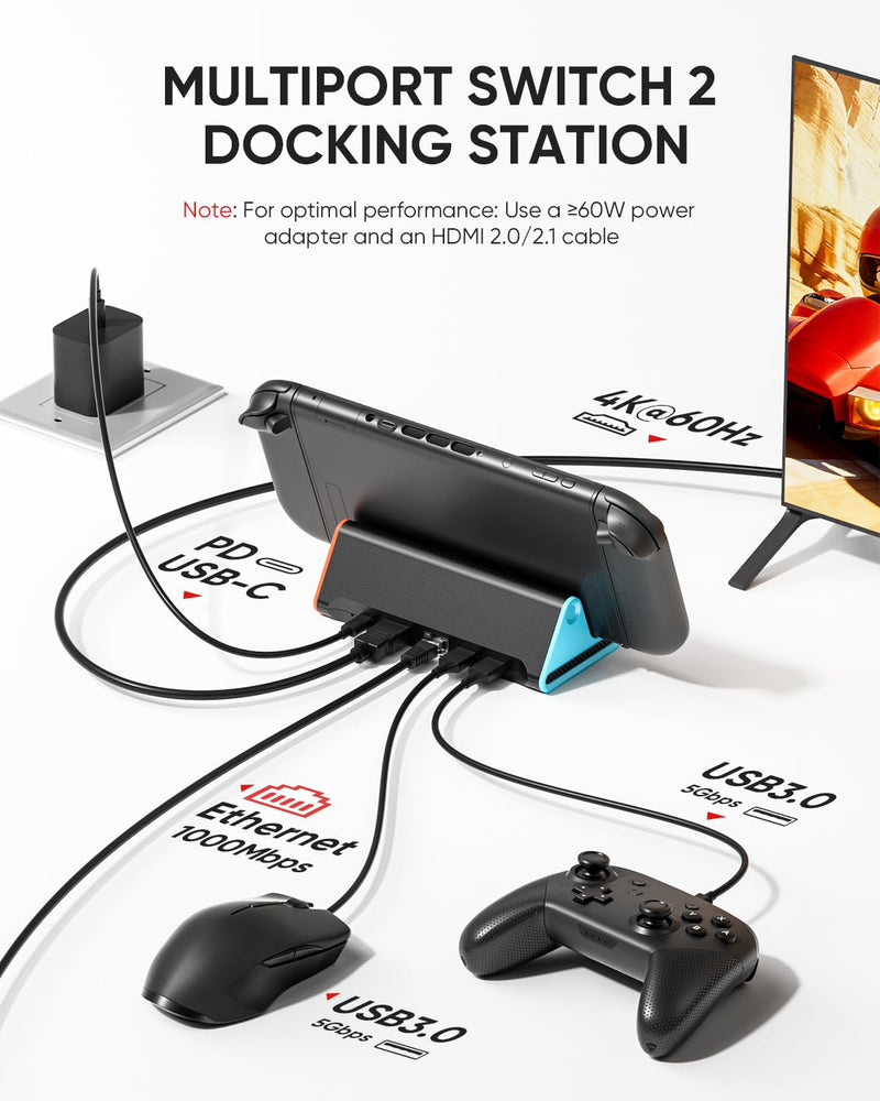 Switch 2 Dock, 4K@60Hz TV Docking Station with 60W Fast Charger & HDMI Cable, Gigabit Ethernet Port (1000Mbps), Portable Replacement Base for Switch 2 ONLY, Accessories Bundle for Nintendo Switch 2