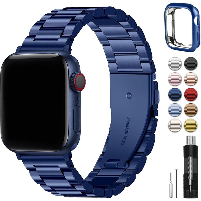 Fullmosa Compatible Stainless Steel Apple Watch Band 41mm/40mm/38mm Blue with Case & Compatible Metal Apple Watch Band with case 41mm/40mm/38mm,Silver