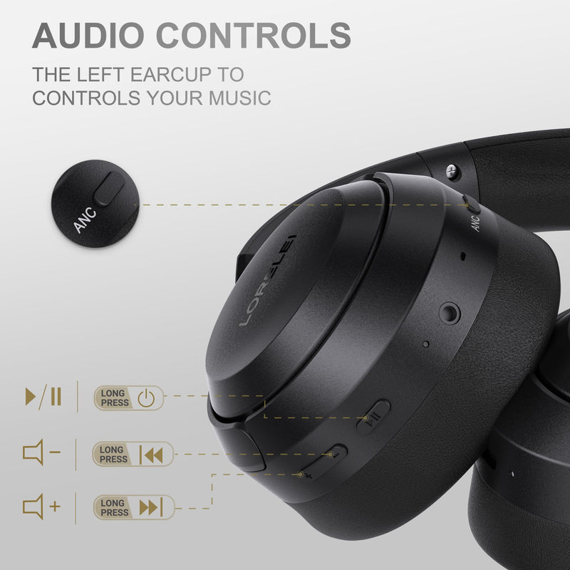 LORELEI QC60 Hybrid Active Noise Cancenlling Headphones,Wireless Over Ear Bluetooth Headsets with Microphone, 60H Playtime Foldable Lightweight, Deep Bass, Memory Earmuffs, for Travel Home Office Space Black