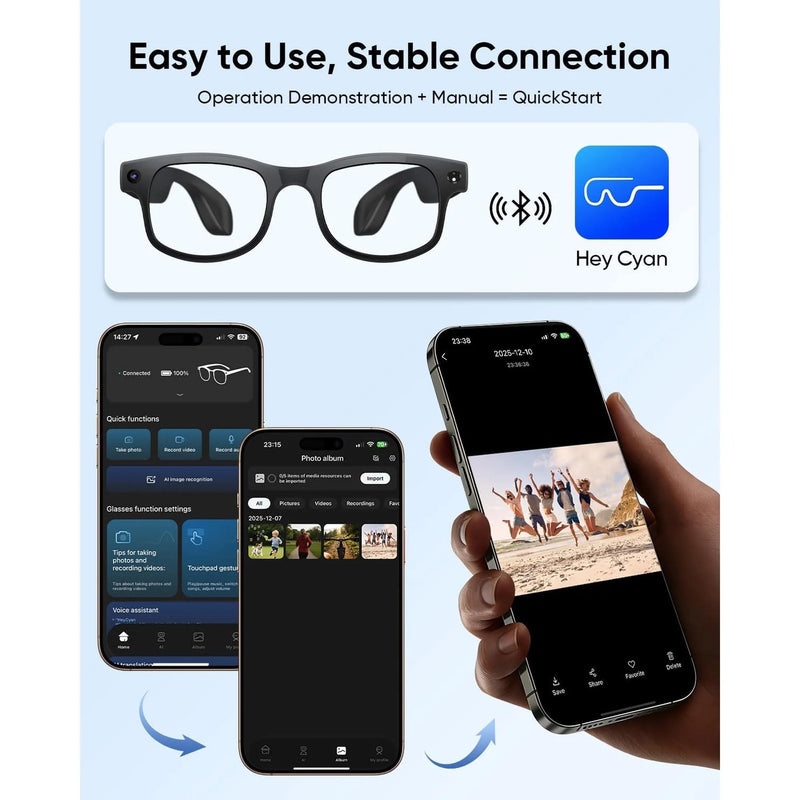 AI Smart Glasses with Camera, 8MP HD Bluetooth Camera Glasses for Women Men | 1080P Video Recording Sunglasses, Real Time Translation, Voice Assistant, Open Earbuds, Travel, Work, Vlog, (3 Lenses)
