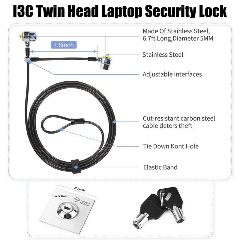 I3C Twin Head Laptop Security Cable Locks Keyed with Anchor Plate, Hardware Security Cable Lock Anti Theft Lock, Lock Two Devices at The Same Time, for Monitors, Laptops, MacBooks, Tablets, iPad Universal-Twin Head Lock