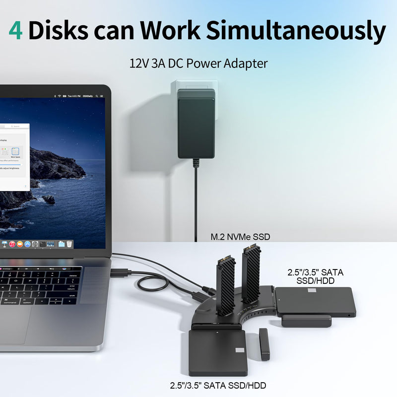 SUIDEK 4-Bay Dual M.2 NVMe & Dual SATA SSD Enclosure, 10Gbps, Plug & Play | USB-C SSD Converter, Simultaneous 4-Drive Access, Hard Drive Reader for M.2 (M+M/B Key) Any Sizes & 2.5/3.5 Inch SATA SSD/HDD Deep Black