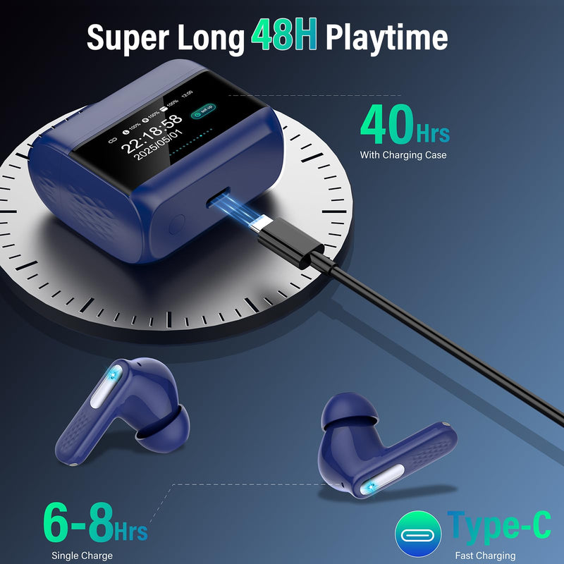 Wireless Earbuds, Bluetooth 5.4 Headphones, 48H Deep Bass Stereo Ear Buds, 5 EQ Modes, ANC/ENC Noise Cancelling, Blue