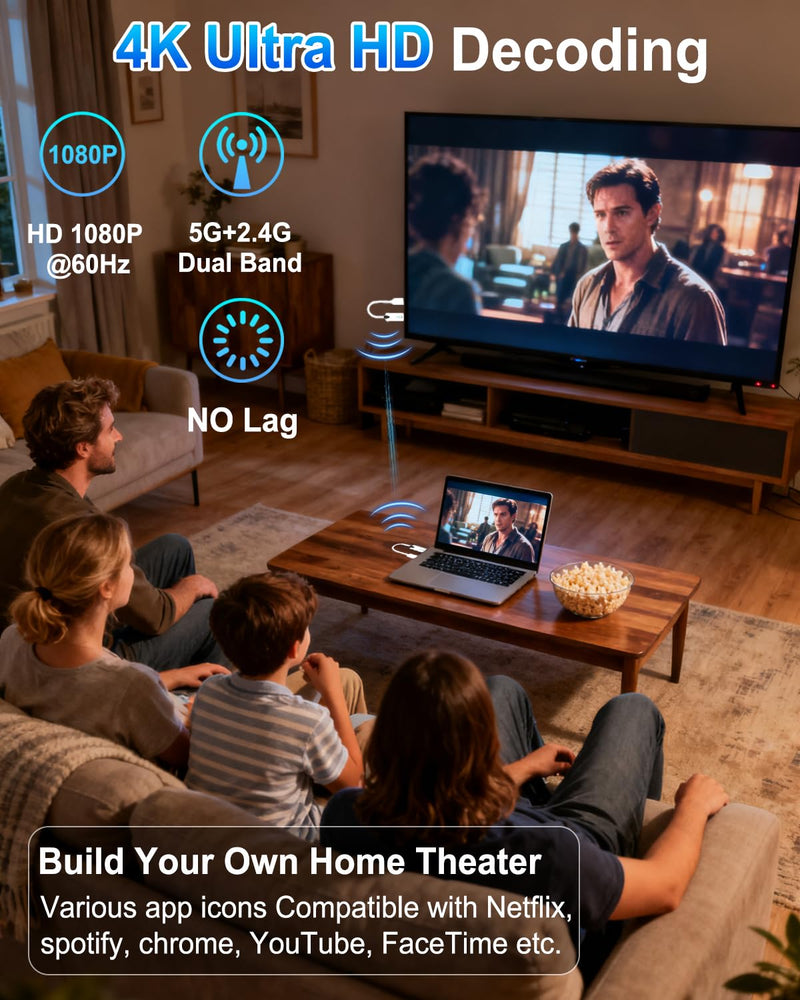 2026 Upgrade Wireless HDMI Transmitter and Receiver 328FT/100M, 4K Decode 1080P@60Hz Ultra HD Extender Kit Display Adapter, Plug & Play 5G+2.4G for Video/Audio to Monitor from TV Box/Laptop/Projector White