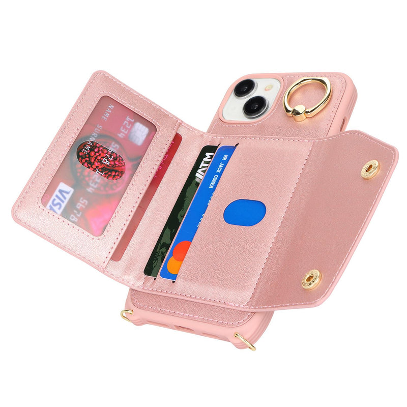 for iPhone 14 Case with Card Holder and Strap - Zipper Pocket,Crossbody Lanyard Strap,Credit Card Holder,Stand Ring,Cute Phone Wallet Case for Women(Rose Gold,6.1 Inch) A-Rose Gold