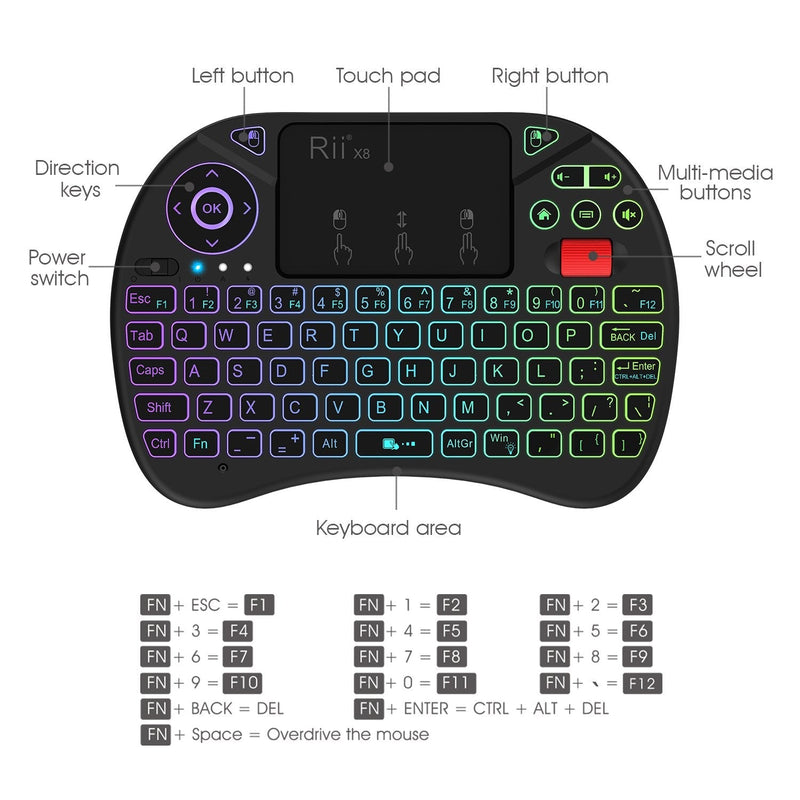 Mini Keyboard,Rii X8 Portable 2.4GHz Mini Wireless Keyboard Controller with Touchpad Mouse Combo,8 Colors RGB Backlit,Rechargeable Li-ion Battery for Google Android TV Box, PS3, PC, Pad,Nvidia Shield