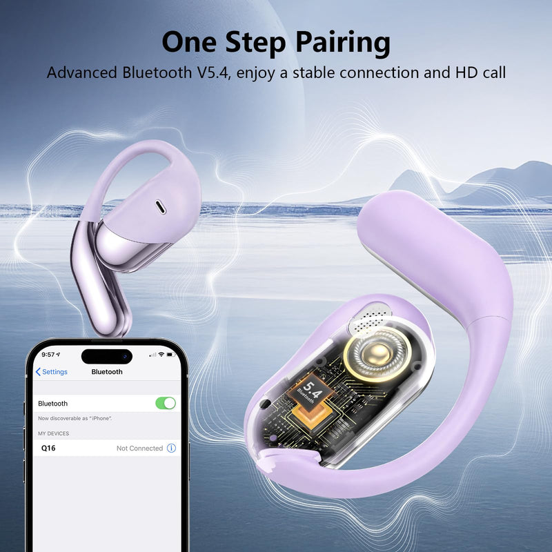 Open Ear Headphones,Over Ear Buds Clip Wireless Earbuds Bone Conduction Built-in Mic Earhook,Bluetooth 5.4 LED Display,60H Playtime Touch Control Design for Cycling,Running,Office,Ear Hooks Q16-H3 Violet