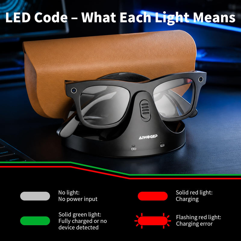 Magnetic 2-in-1 Charging Dock Compatible with Ray Ban Meta Wayfarer/Skyler/Headliner Smart Glasses Case Accessories, Charger with LED Indicator(Not Oakley) (Charcoal, Base Size：11.40) Charcoal