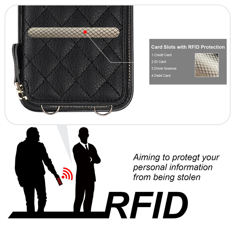 [AUSTRALIA] - Bocasal Crossbody Wallet Case for iPhone 15 Pro, RFID Blocking PU Leather Zipper Handbag Purse Flip Cover, Kickstand Folio Case with Card Slots Holder Wrist Strap Lanyard 5G 6.1 Inch (Black) Black 