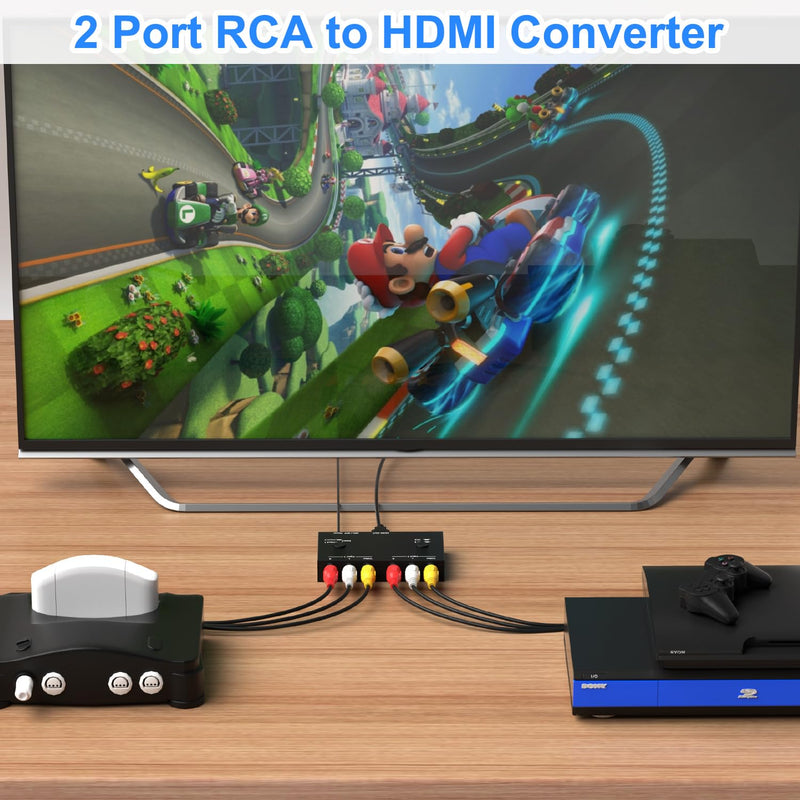 2 Port RCA/AV to HDMI Converter Adapter Support 16:9/4:3 for WII/N64/PS1/PS2/PS3/VHS/VCR/DVD Players etc(2 AV in 1 HDMI Out) 2Port AV to HDMI Converter