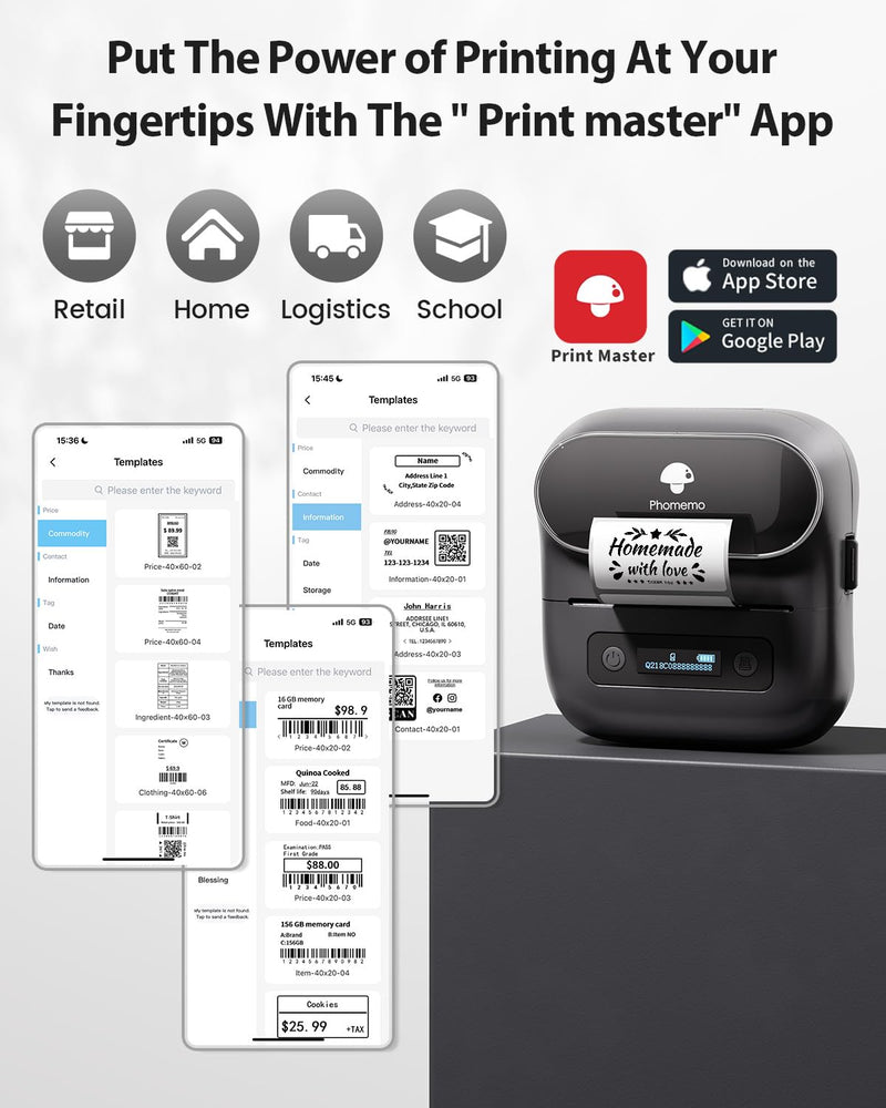 [AUSTRALIA] - Phomemo M220 Label Maker,Thermal Label Printer,Upgrade Bluetooth Label Sticker Maker Machine, Multiple Template Font for Home,Office,Business,Organization,Inkless Printer Compatible with Phone &Laptop Black 1 Printer + 1 Roll Labels 