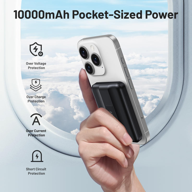 AOGUERBE for Magsafe Battery Pack, 10000mAh Magnetic Power Bank with (22.5W) USB-C Fast Charging, Wireless Mag-Safe Portable Charger with LED Display & Foldable Stand for iPhone 16/15/14/13/12 Series Black