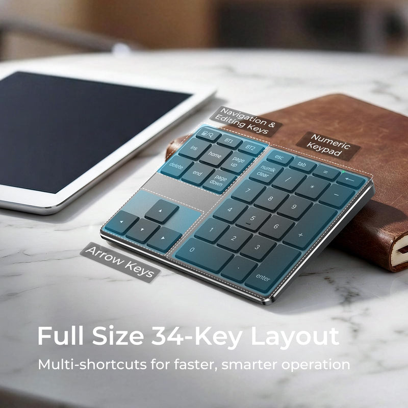 iClever Bluetooth Number Pad for Laptop, Aluminum Wireless Numeric Keypad | 2-Device Switching, Quiet Typing, USB-C Charging, 34-Key Portable Numpad for MacBook, iMac, Laptop, PC, Surface, Data Entry Grey & Black