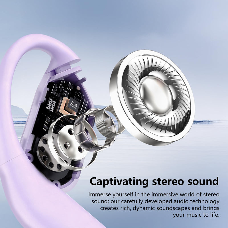 Open Ear Headphones,Over Ear Buds Clip Wireless Earbuds Bone Conduction Built-in Mic Earhook,Bluetooth 5.4 LED Display,60H Playtime Touch Control Design for Cycling,Running,Office,Ear Hooks Q16-H3 Violet