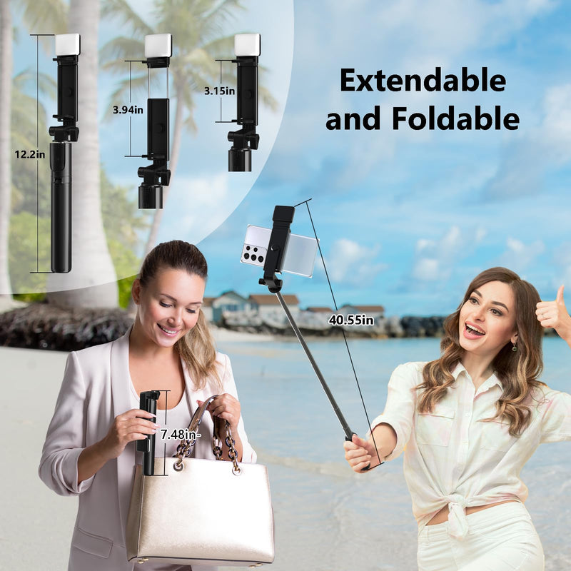 Selfie Stick, 40 in Retractable Phone Tripod with Wireless Remote Control & Light, Portable Selfie Stick Tripod for Photograph, Live Streaming, Video Recording, Compatible with All Cellphones Black