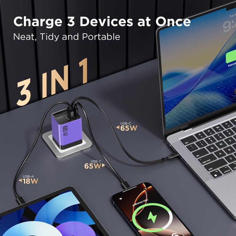 65W GaN USB C Charger 3-Port with Retractable 0.7m Cable(Purple) | Fast charging plug compatible with MacBook Pro/Air, iPhone 17/16/15, iPad, Galaxy S25/S24, Steam Deck and more devices Purple