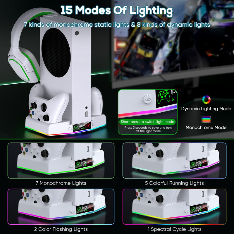 Upgraded Cooling Fan Stand for Xbox Series S with Charger Station, MENEEA Controller Charging Dock & Console Cooler System with 15 Colorful RGB Light & Headset Hook, Accessories for XSS White