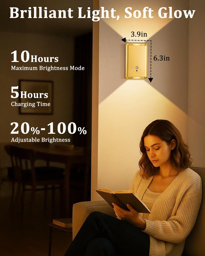 [AUSTRALIA] - Wireless Adhesive Motion Sensor Wall Light with Remote, 6000mAh Battery Operated 300LM 3CCT Dimmable & Timer - Cordless Wall Sconce for Stair Hallway Bedroom Closet Gold for Renters Elderly Pet Owners 2-Pack Gold Motion Sensor Wall Sconces 