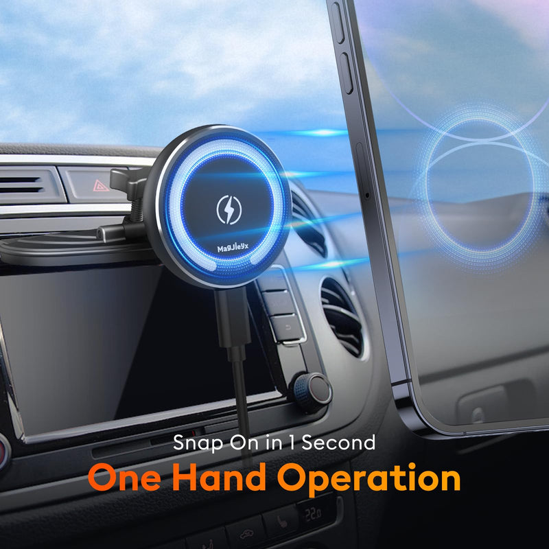 MAGJIEYX CD Slot Magnetic Wireless Car Mount Charger for iPhone 17 16-12, 3X Stable on Bumpy Roads, 99% Car/Truck-Approved, Charging Holder with 3M Dash Sticker, No Air Vent Block (38W Adapter)