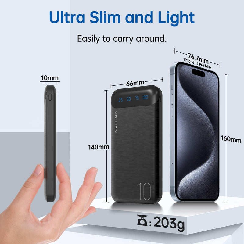 Power Bank 10000mAh Portable Charger Slim External Battery Pack with 2 USB 2.4A Outputs and USB C In/Out Compatible with Huawei iPhone 16 15 14 13 12 iPad Samsung Galaxy S20 Android Tablet (Black) Black