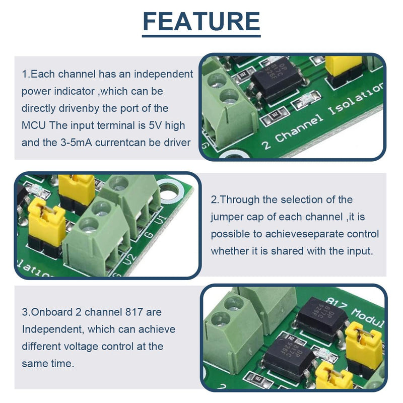 5 Pcs PC817 2 Channel Optocoupler Isolation Module 3.6-30V Voltage Converter Driver Photoelectric Isolated Board for Control Relay with 24AWG Wire
