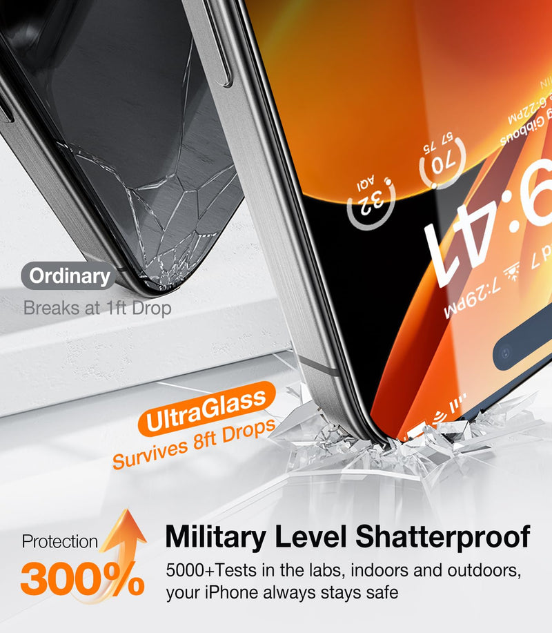 UltraGlass Top 9H+ Glass for iPhone 15 Pro Screen Protector [Military Grade Shatterproof & Longest Durable] Screen Protector 15 Pro Tempered Glass Full Coverage, 2 Packs 2-iPhone 15 Pro