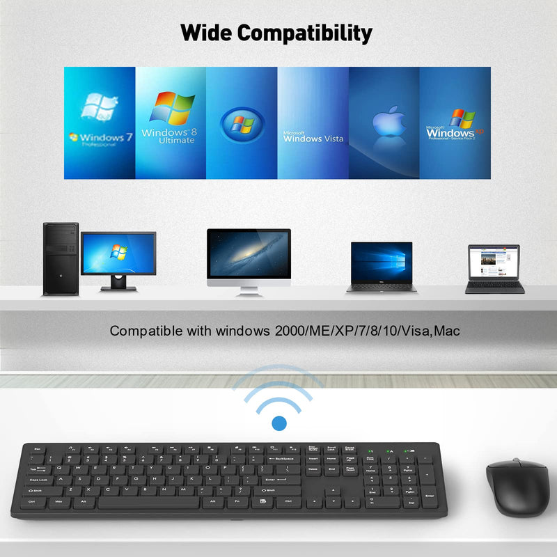 Wireless Keyboard and Mouse, Trueque Silent 2.4GHz Cordless Full Size USB Keyboard Mouse Combo, Long Battery Life, Lag-Free Wireless for Computer, Laptop, PC, Window, Mac, Chrome OS(Black) Black