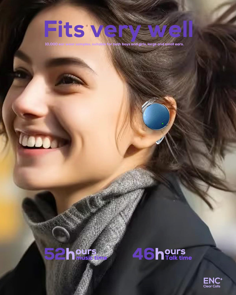 Wireless Earbuds with Ear Hooks V5.4, Open-Ear Sports Headphones | Secure Fit, 52Hrs Headset with Mic, Dual Device Earbuds for Running/Work/Gym Black Blue