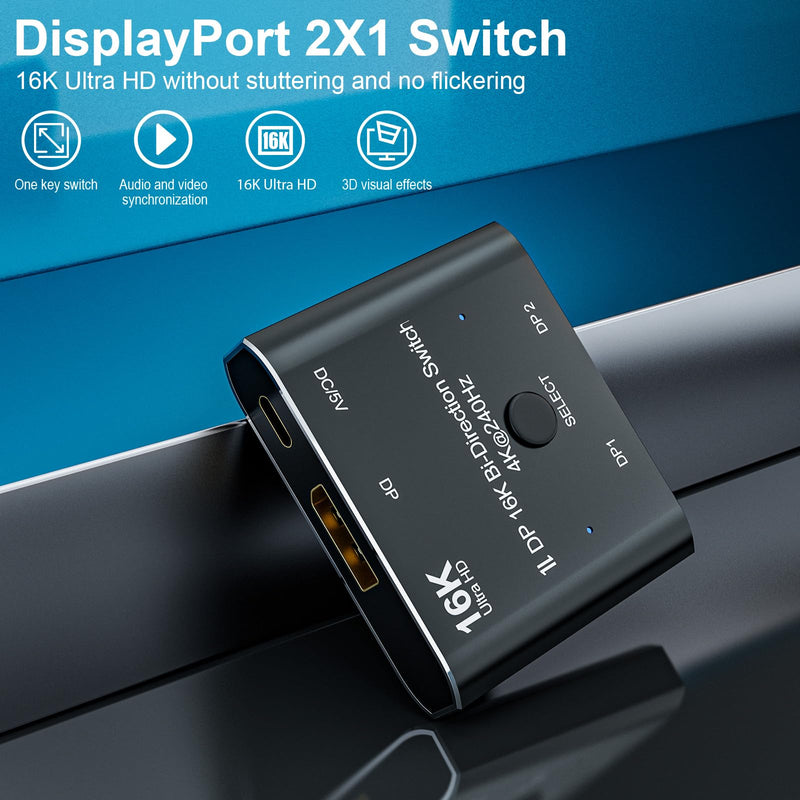 CABLEDECONN DisplayPort 2.1 8K 10K 16K DP Video Switch Bi-Direction Ultra HD 8K@120Hz 4K@240Hz Splitter Converter for Multiple Source and displays dp 16k switch 2x1